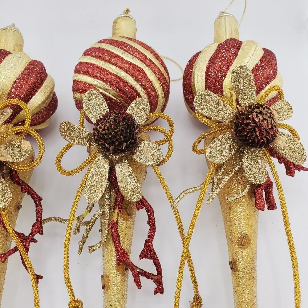 Vintage Hand Crafted Embellished Floral Christmas Ornaments X3 MCM Gold-Tone 70s